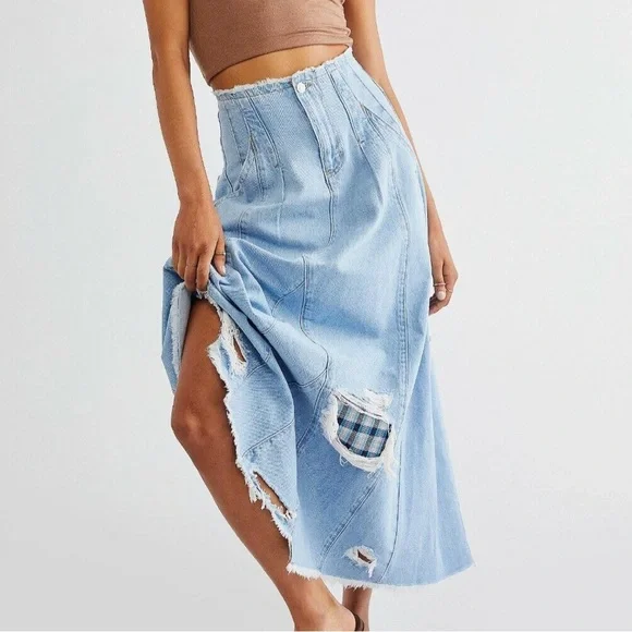 We The Free Riptide Denim Maxi Skirt | Sz 0 (XS) | Distressed Plaid Patchwork - Picture 1 of 9